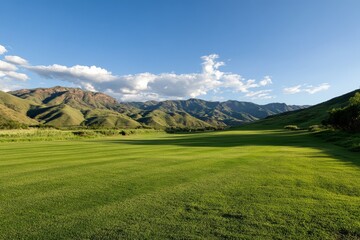 Poster - A peaceful location features lush green hills and towering mountains bathed in soft sunlight, creating a tranquil environment for relaxation or contemplation