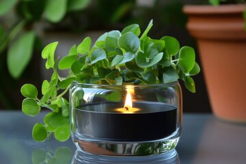 Poster - Elegant candle surrounded by lush greenery on a serene tabletop setting in natural light during a peaceful afternoon