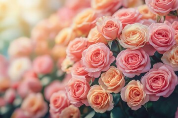 Poster - Beautiful pink roses bloom in a garden during a sunny spring day, showcasing vibrant colors and natural beauty