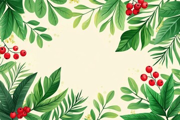 Aufkleber - Colorful foliage with red berries creating an attractive border on a light background