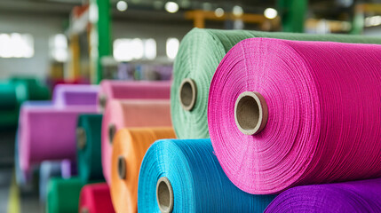 Poster - Colorful rolls of fabric in a textile warehouse setting Generative AI