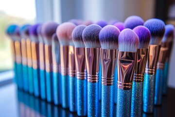 Poster - Colorful makeup brushes arranged in a row on a reflective surface in bright light