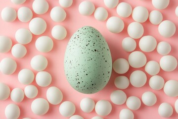 Poster - Unique speckled egg surrounded by white balls on a soft pink background ideal for creative decor or art projects