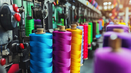 Poster - Vibrant spools of thread arranged in a textile workshop Generative AI