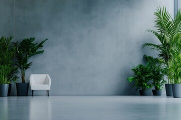 Aufkleber - A sleek white chair sits under soft natural light, complemented by a textured concrete wall and lush greenery, creating a tranquil minimalist setting
