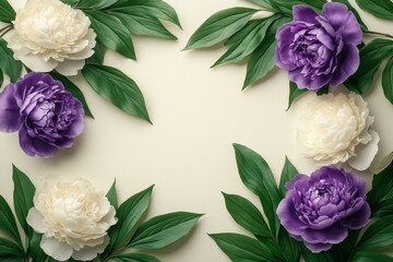 Aufkleber - Colorful peonies arranged elegantly with green leaves on a soft beige background for floral decoration