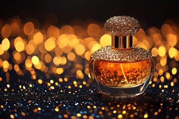 Fototapete - Elegant perfume bottle sparkles against a backdrop of golden bokeh lights in a festive atmosphere