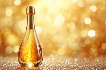 Fototapete - Elegant perfume bottle glowing in golden light against a sparkling background during a festive evening