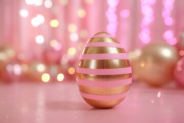 Poster - Decorative Easter egg on a pink background surrounded by festive ornaments and lights