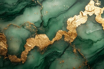 Poster - Textured green and gold abstract design with fluid patterns resembling natural stone formations