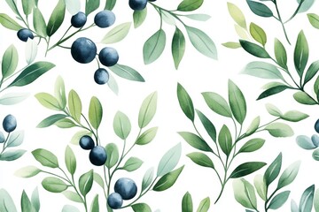 Aufkleber - Elegant green and blue botanical pattern with leaves and berries on soft white background