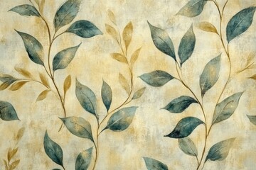 Aufkleber - Decorative botanical wallpaper design featuring blue and gold leaves on a soft beige background