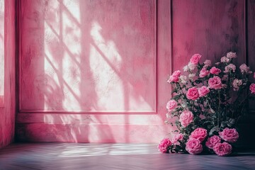 Aufkleber - Beautiful arrangement of pink roses against a softly lit pink wall in a tranquil indoor setting during the day