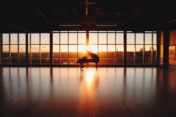Poster - A grand piano stands elegantly in a minimalist music hall, bathed in warm sunlight from tall windows, highlighting the polished wooden floor and inviting atmosphere
