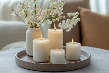 Aufkleber - Serene candle arrangement with flowers creating a calming atmosphere in a cozy living space