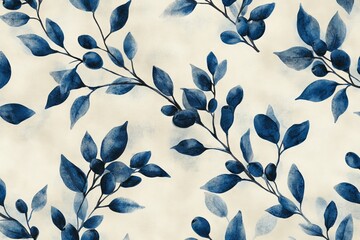 Poster - Watercolor leaves pattern in blue tones on a light background showcasing nature-inspired design elements