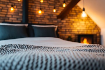 Poster - A stylish loft bedroom features a single bed adorned with a soft blanket, rustic brick walls, and a glowing fireplace enhancing the warm ambiance of the space