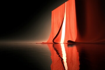 Aufkleber - Elegant red curtain opening in a tranquil space with reflective water at dusk