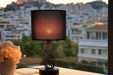Aufkleber - Lamp illuminates a cozy interior while overlooking a beautiful cityscape at sunset