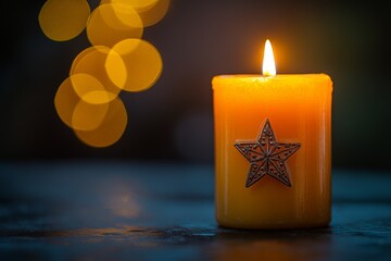 Aufkleber - Warm yellow candle with star design glowing softly in a dimly lit setting during evening relaxation moments