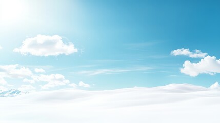 Poster - A tranquil winter scene shows fluffy clouds drifting across a bright blue sky while delicate snowflakes gently fall over a quiet, snow-covered field