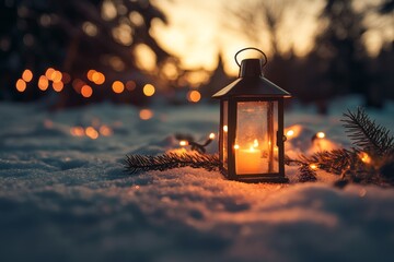 Aufkleber - A single lantern casts a warm glow against the backdrop of snow-covered evergreen branches, creating a tranquil and cozy winter evening atmosphere
