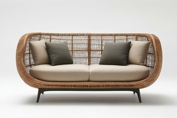 Poster - Contemporary woven sofa design showcasing modern aesthetics and natural materials in a minimalist setting
