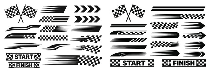 Poster - Collection of line style web icons featuring racing flags, arrows, and finish lines for digital design projects