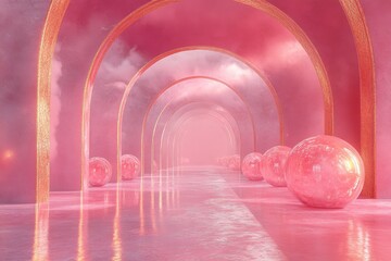 Poster - Dreamlike corridor with glowing spheres and pink arches in an ethereal setting