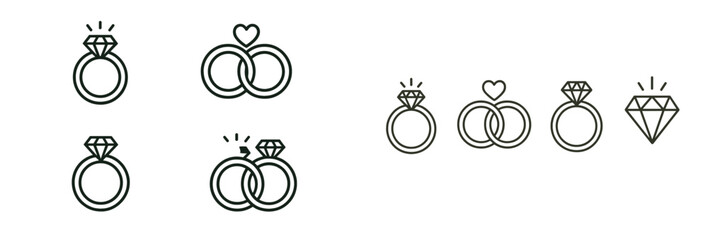 Poster - Collection of web icons featuring wedding rings, diamonds, and unity symbols in line art style for digital design