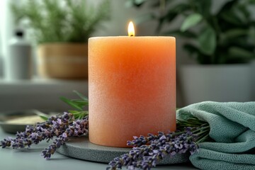 Aufkleber - Elegant candle with lavender flowers on a table in a serene indoor setting during daytime
