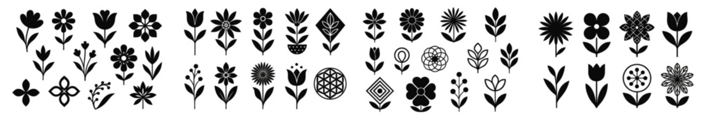 Poster - Set of black line style web icons featuring various floral designs and patterns for digital use