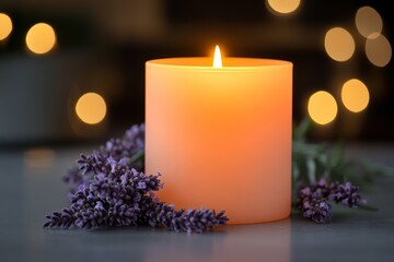 Poster - Soft orange candle glows beside fresh lavender branches on a serene evening table setting with warm bokeh lights