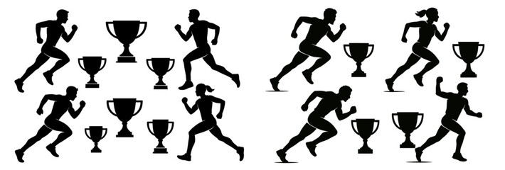 Poster - Set of web icons featuring runners and trophies in line style design for sports and achievement themes