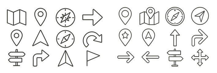 Poster - Set of web icons featuring navigation symbols designed in line style for digital applications and user interfaces