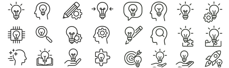 Fototapete - Collection of line style web icons featuring light bulbs and related symbols for creativity and innovation