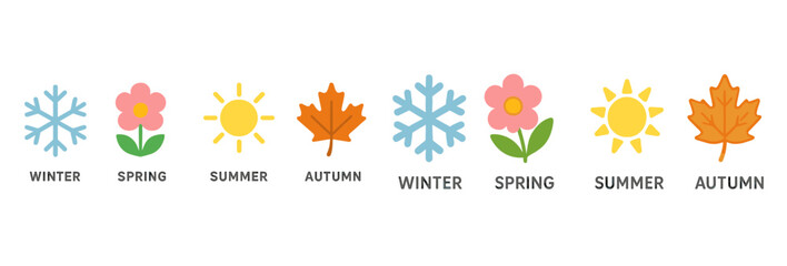 Poster - Colorful seasonal icons illustrating winter, spring, summer, and autumn in a simple line design