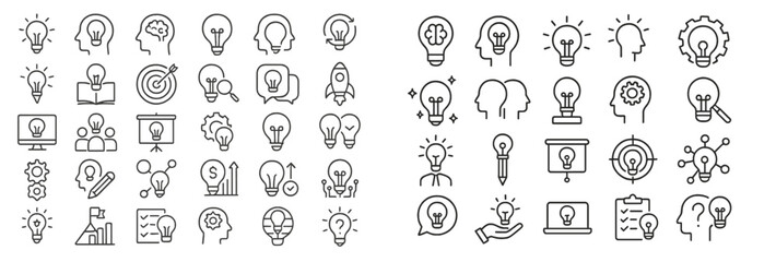 Fototapete - Collection of web icons featuring light bulbs and heads representing ideas, innovation, and creativity in a minimal line style