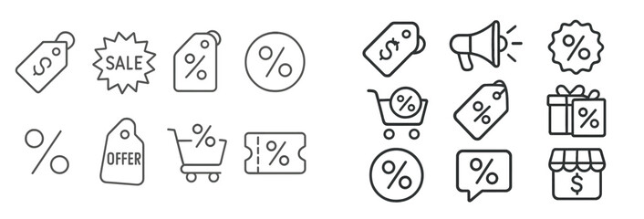 Aufkleber - Web icons showcasing discounts, sales, and offers for online shopping in a minimalist line style