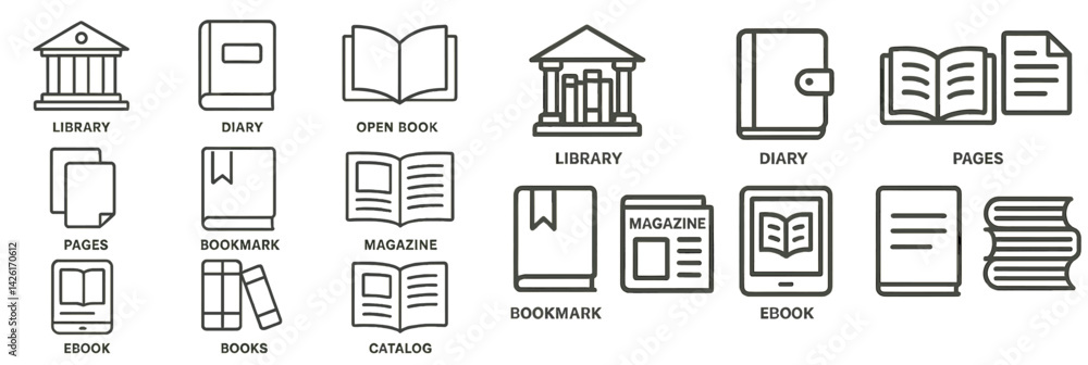 Library Opac Icon Collection of web icons featuring line style representations of books ...