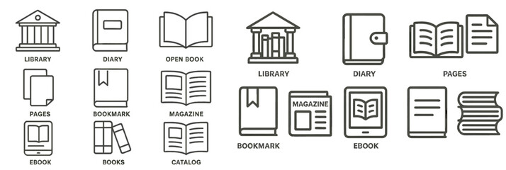 Fototapete - Collection of web icons featuring line style representations of books, libraries, and reading materials for digital use