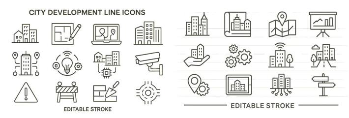 Poster - Set of web icons showcasing city development in line style for digital projects and applications