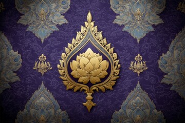 Aufkleber - Elegant golden lotus design on deep purple wallpaper creates a rich cultural ambiance for interior spaces