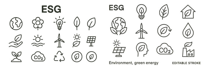 Poster - Line style web icons representing environmental, social, and governance concepts suitable for digital platforms and marketing materials
