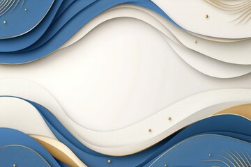 Poster - Modern abstract design with flowing waves in blue, white, and gold tones showcasing dynamic shapes and textures