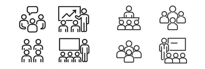 Leinwandbilder - Collection of web icons illustrating group discussions, presentations, and meetings in a simple line style design