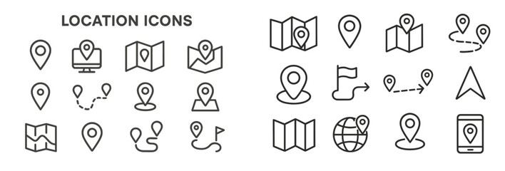 Poster - Collection of web icons in line style representing various location symbols and navigation tools for digital use