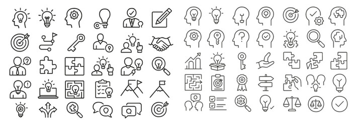 Fototapete - Collection of line style web icons depicting innovative ideas, problem-solving, and teamwork concepts in a modern design
