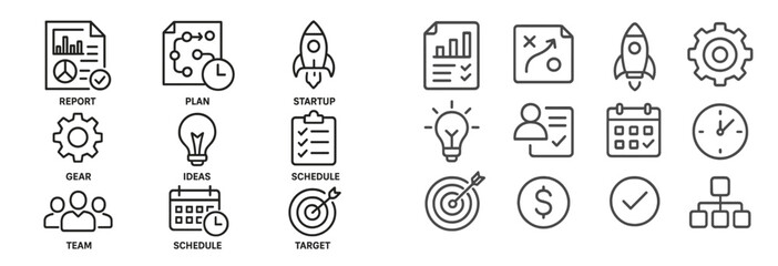 Fototapete - Set of web icons in line style depicting various business activities, planning tools, and startup essentials for modern digital projects