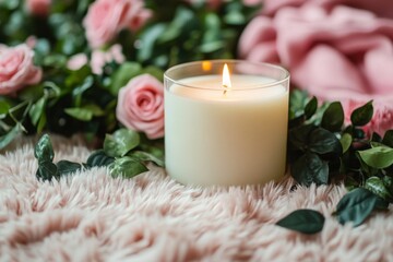 Poster - Cozy arrangement with a lit candle surrounded by pink roses and greenery on a soft textured surface